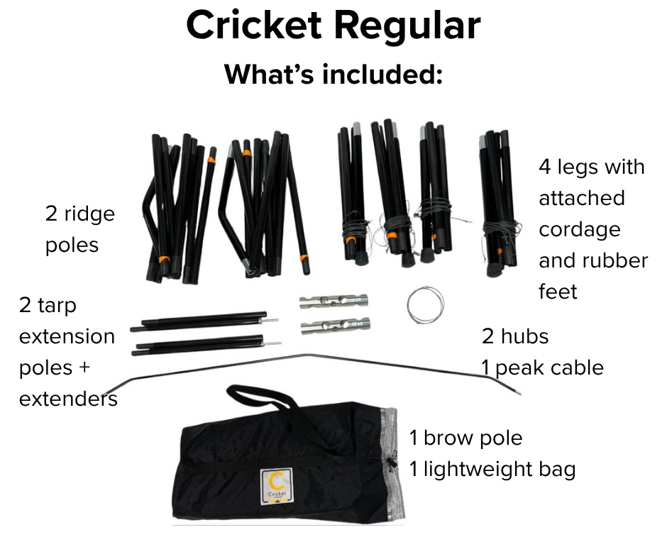 List of items included with Cricket Regular camping structure on a white background