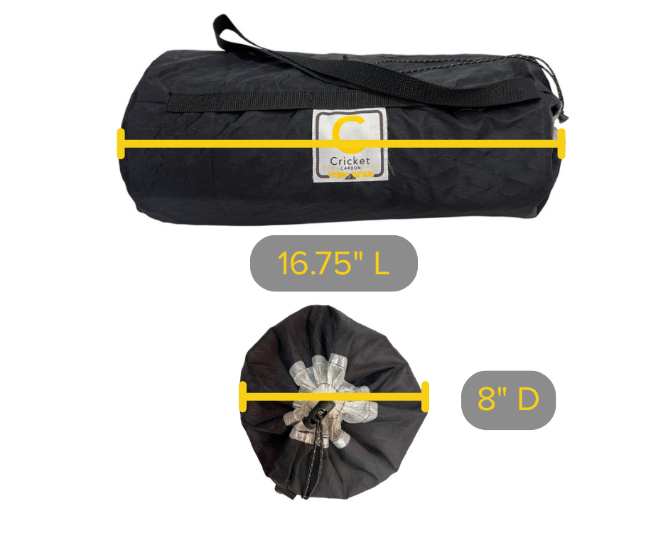 Black carrying bag with yellow accents and Cricket logo, showing dimensions on a white background.